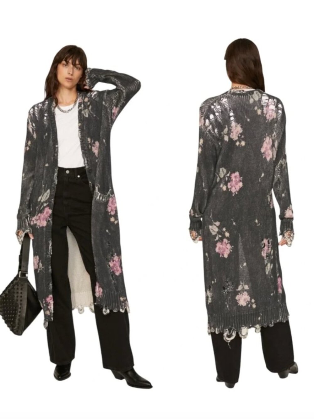 R13 Knit Floral Distressed Long Maxi Cardigan Duster Sweater S